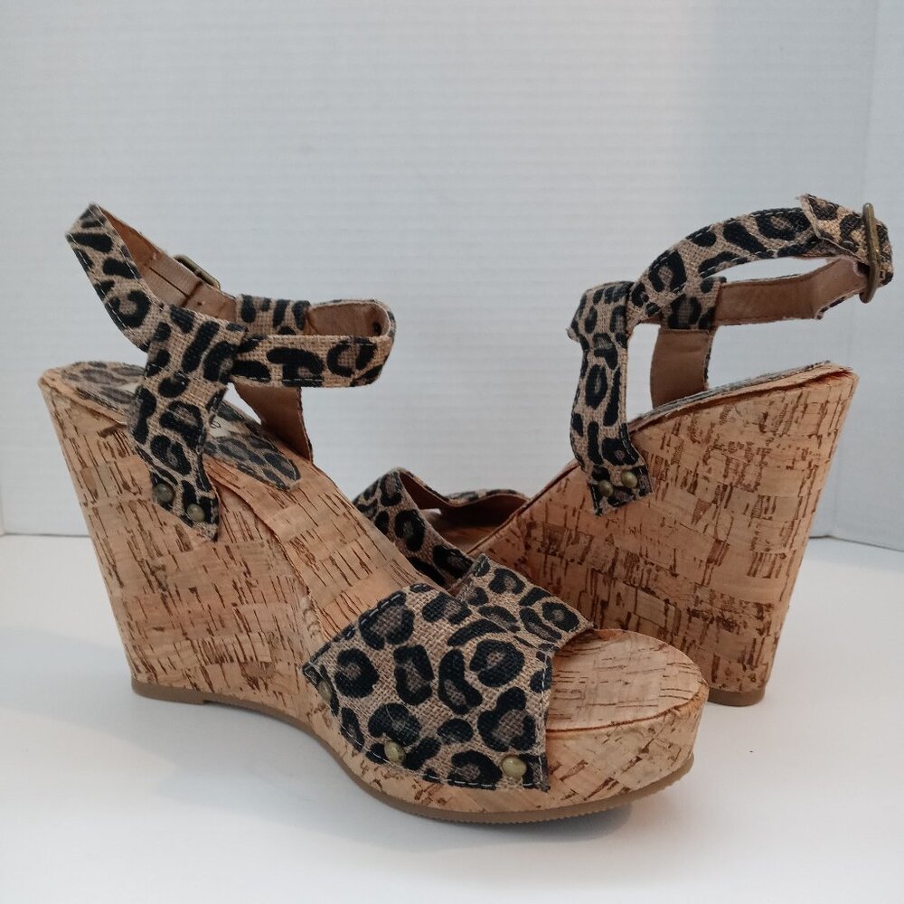 Groove Canvas Leopard Print Cork Wedge Sandals Buckle Strap Shoes Women Size 8